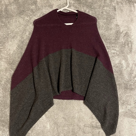 Celeste Sweaters - Celeste Wool Cashmere Poncho Shawl Sweater Colorblock Burgundy Wine / Grey S-M